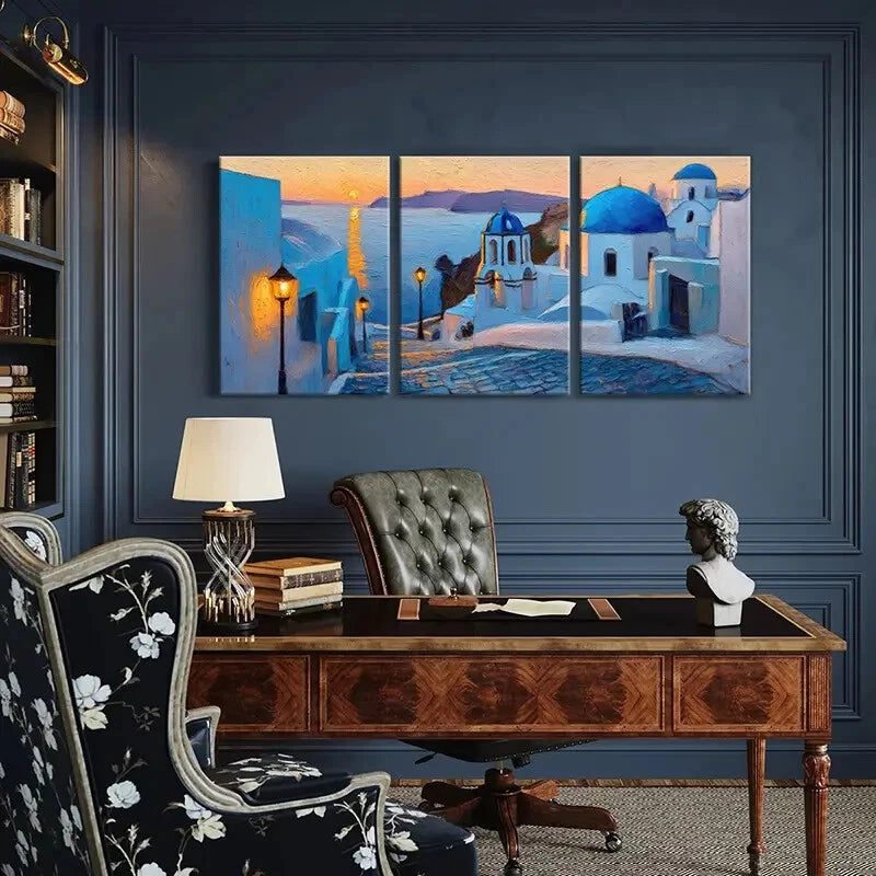 3pcs Santorini Sunset Blue Domes & White Buildings Metal Print Ready to Hang Art