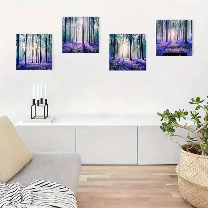 4pcs  Enchanting Forests with Purple Lavender Flo Wall Art Canvas Framed