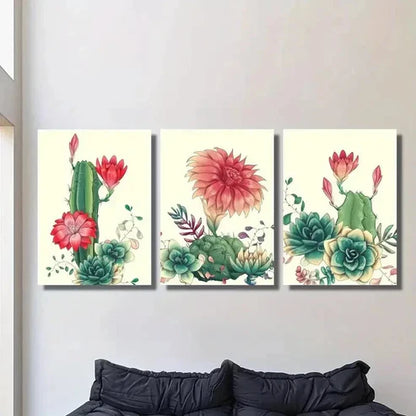 3pcs Cactus with Red Flowers Painting Wall Art Canvas Unframed – High Quality Print 100% Australian Made Wall Canvas