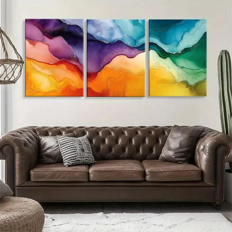 3pcs Rich Purple Orange Blue and Green Tones Metal Print Ready to Hang Art