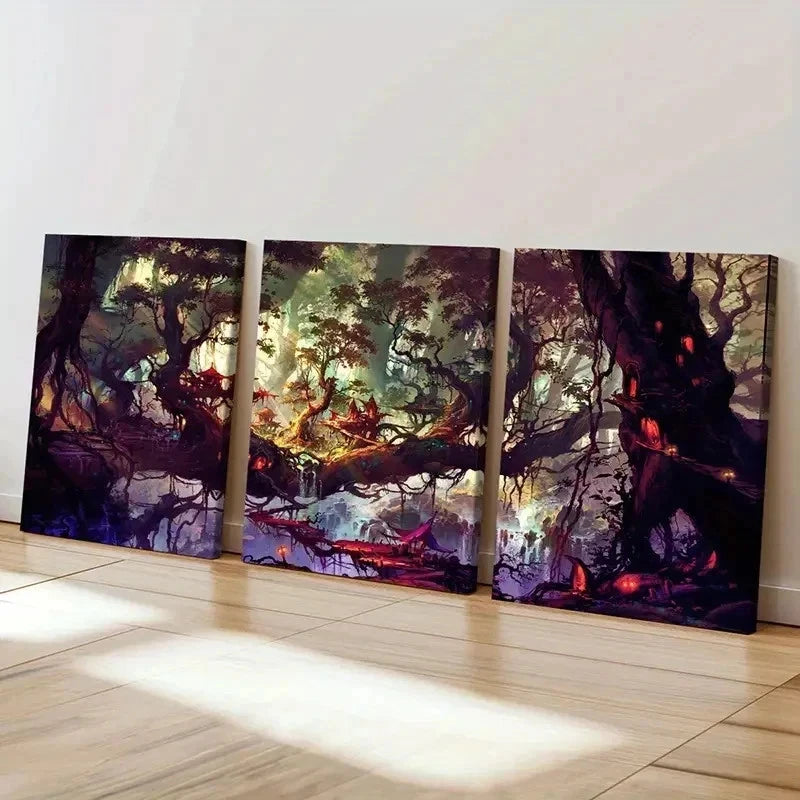 3pcs Fantasy Tree House Vintage Wall Art Set Canvas Framed 40x60cm - High Quality Print 100% Australian Made Wall Canvas Ready to Hang