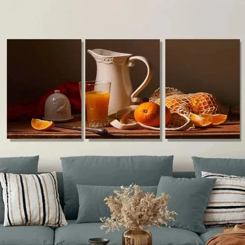 3pcs Oranges, Pitcher & Glass Classic Wall Art Canvas Unframed - High Quality Print 100% Australian Made Wall Canvas