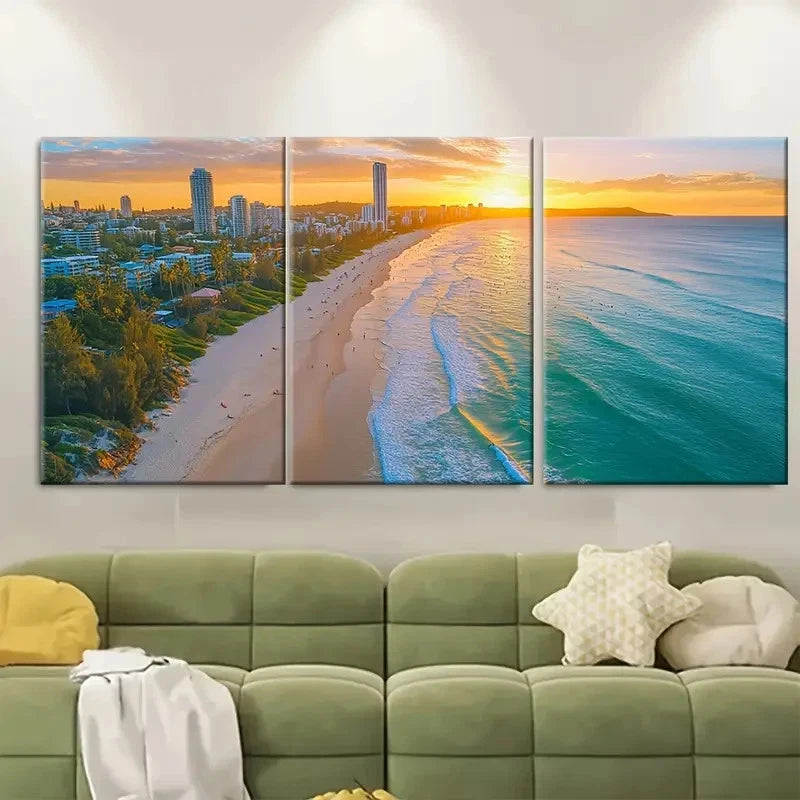 3pcs Burleigh Beach Travel Print Australia Wall Art Set Canvas Framed 50x70cm - High Quality Print 100% Australian Made Wall Canvas Ready to Hang
