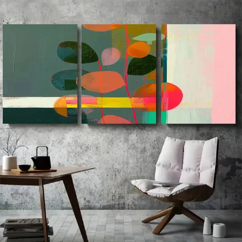 3pcs Vibrant Colorful Shapes & Leaves Metal Print Ready to Hang Art