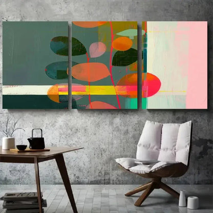 3pcs Vibrant Colorful Shapes & Leaves Metal Print Ready to Hang Art