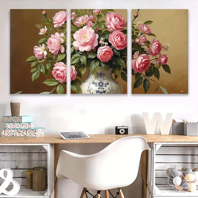 3pcs Pink Rose Floral Painting Wall Art Set Canvas Framed 60x90cm - High Quality Print 100% Australian Made Wall Canvas Ready to Hang