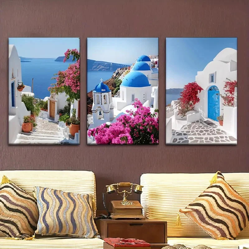 3pcs Greek Trinity Island and Aegean Sea Scenery Metal Print Ready to Hang Art