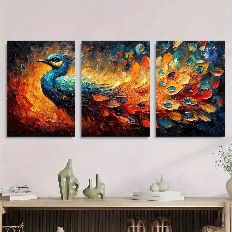 3pcs Vibrant Peacock Design with Rich Colors Metal Print Ready to Hang Art