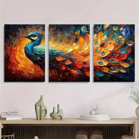 3pcs Vibrant Peacock Design with Rich Colors Metal Print Ready to Hang Art