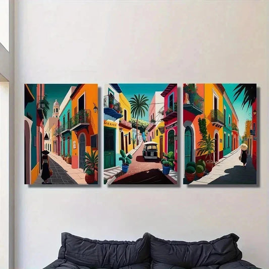 3pcs Colorful Retro Mexican Street Mural Perfect Wall Art Set Canvas Framed 40x60cm - High Quality Print 100% Australian Made Wall Canvas Ready to Hang