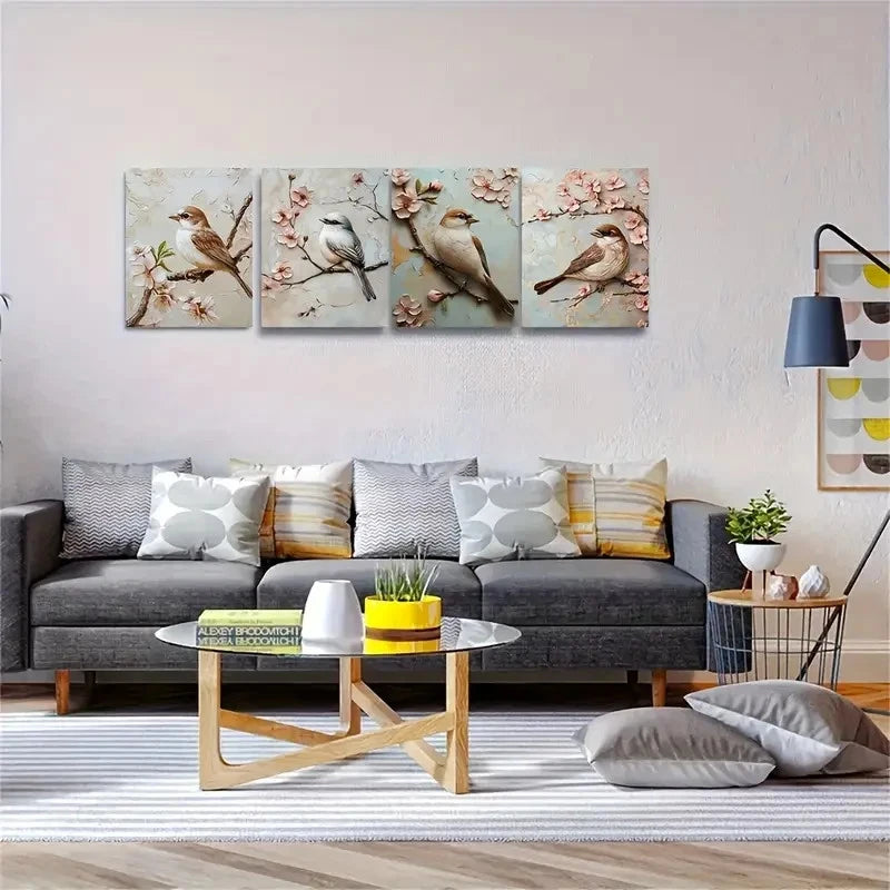 4pcs A bird On A Cherry Blossom Branch  Wall Art Canvas Framed