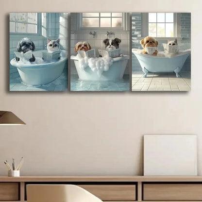 3pcs Cats and Dogs in Bathroom Scene Metal Print Ready to Hang Art