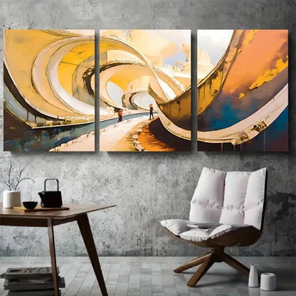 3pcs Abstract Golden Loop Bridge Metal Print Ready to Hang Art
