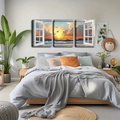 3pcs Serene Ocean & Sky Scene With Warm Perfect Wall Art Set Canvas Framed 40x60cm - High Quality Print 100% Australian Made Wall Canvas Ready to Hang