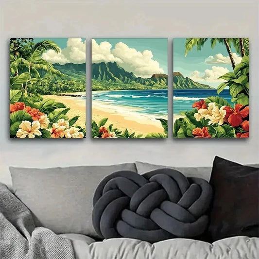 3pcs Hibiscus Flowers & Ocean View Perfect Wall Art Set Canvas Framed 40x60cm - High Quality Print 100% Australian Made Wall Canvas Ready to Hang