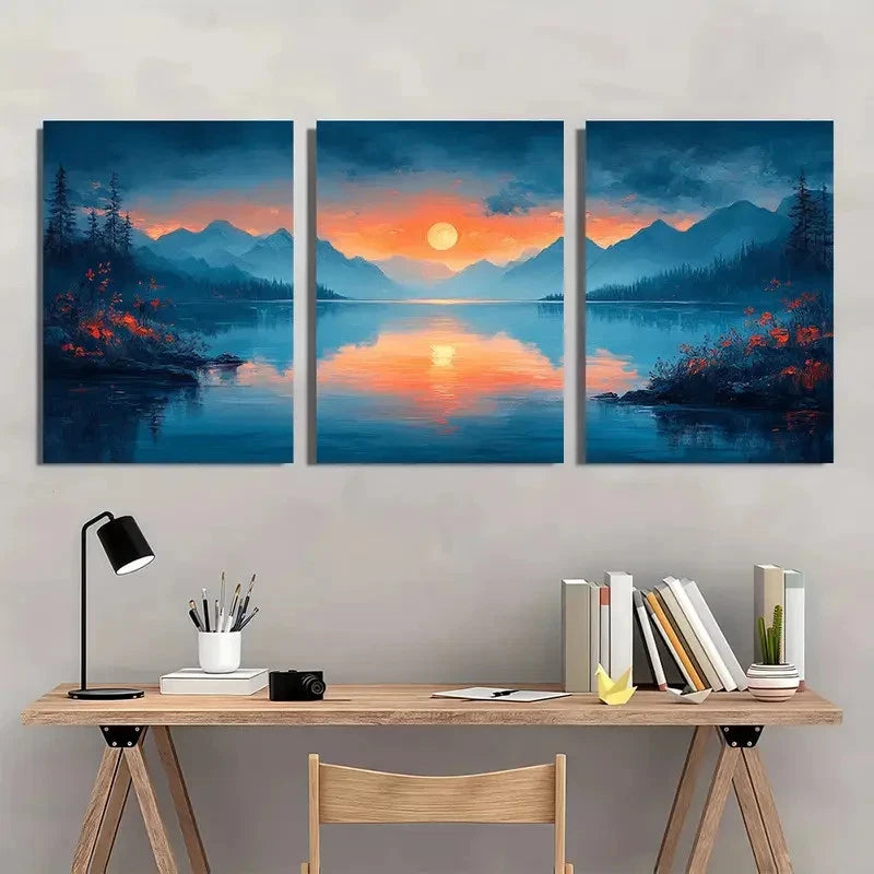 3pcs Vibrant Blue & Orange Nature Scenery Metal Print Ready to Hang Art