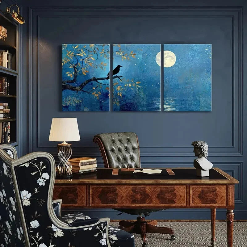 3pcs Moonlit Night Silhouette Crow Tree Branches Metal Print Ready to Hang Art