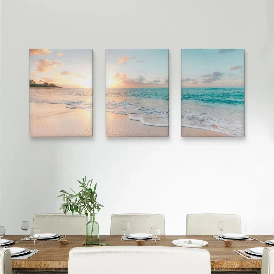 3pcs Serene Beach Sunset Horizon Wall Art Set Canvas Framed 50x70cm - High Quality Print 100% Australian Made Wall Canvas Ready to Hang