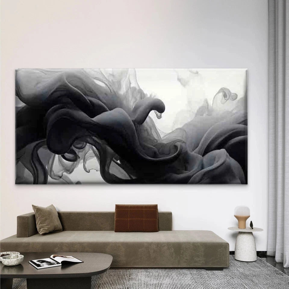 Abstract Black Ink Smoke Flow Wall Art Canvas Office Home Room Framed 120x60cm