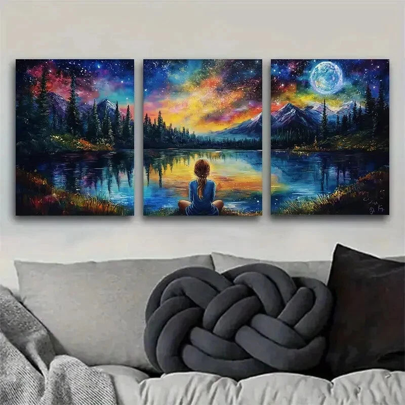 3pcs Starry Night Landscape Mountain Perfect Wall Art Set Canvas Framed 40x60cm - High Quality Print 100% Australian Made Wall Canvas Ready to Hang