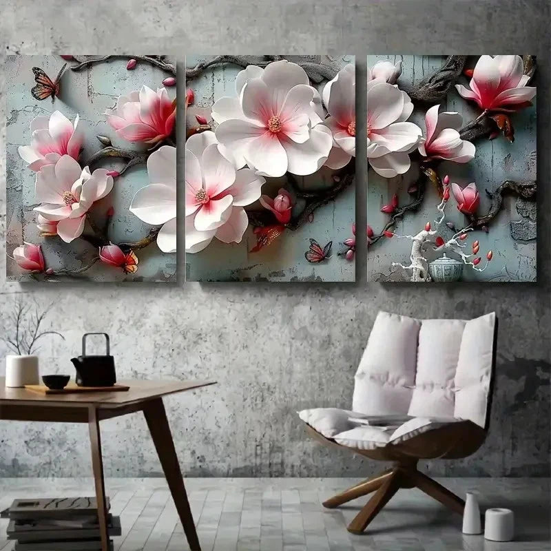 3pcs Pink and White Flowers with Butterflies Metal Print Ready to Hang Art