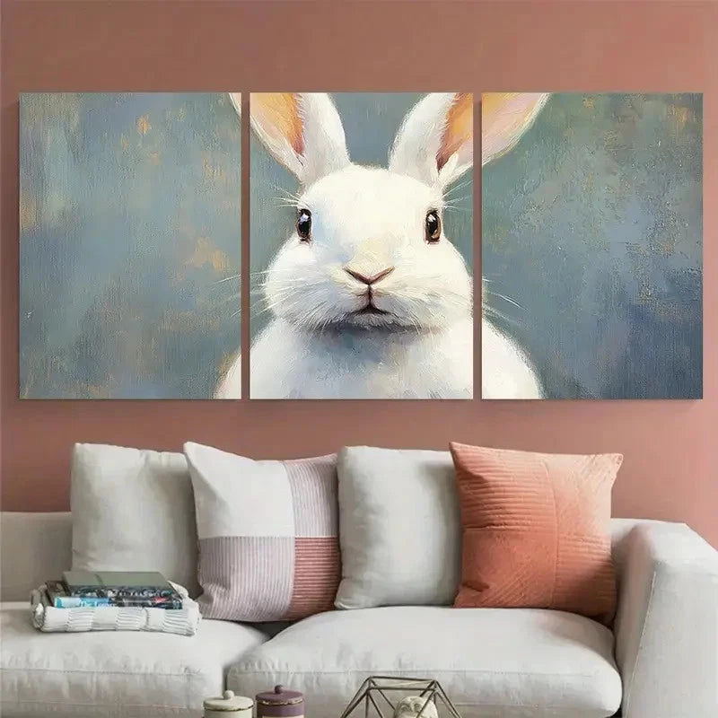 3pcs White Bunny Farm Animal Artwork Perfect Wall Art Set Canvas Framed 60x90cm - High Quality Print 100% Australian Made Wall Canvas Ready to Hang
