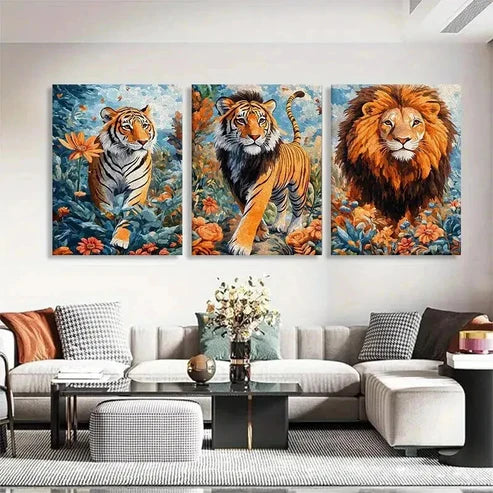 3pcs Majestic Tiger and Lion Floral Jungle Hues Wall Art Canvas Unframed - High Quality Print 100% Australian Made Wall Canvas
