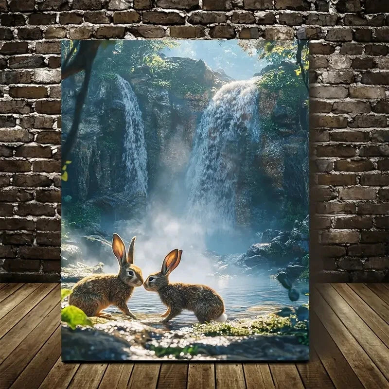 Playful Rabbits By Crystal Waterfall Painting 40x60cm Metal Print Ready to Hang