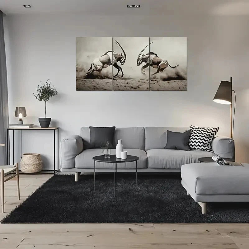 3pcs Dynamic Antelope Duel Painting Metal Print Ready to Hang Art