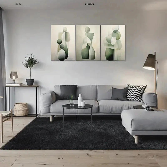 3pcs Modern Abstract Geometric Green Themed Wall Art Set Canvas Framed 60x90cm - High Quality Print 100% Australian Made Wall Canvas Ready to Hang