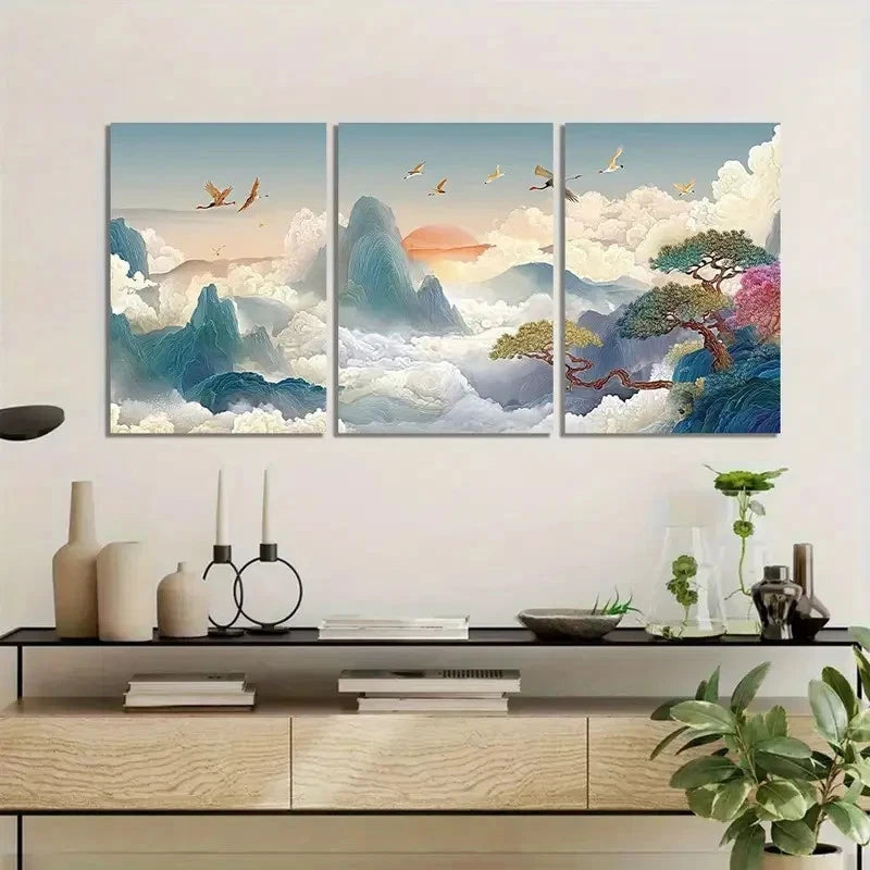 3pcs Sunset with Crane Mountain & Tree Scenery Metal Print Ready to Hang Art