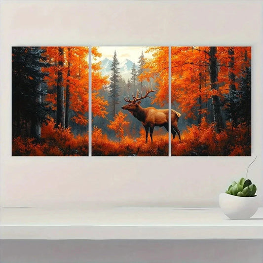 3pcs Autumn Forest Vibrant Wildlife Scene Wall Art Set Canvas Framed 60x90cm - High Quality Print 100% Australian Made Wall Canvas Ready to Hang