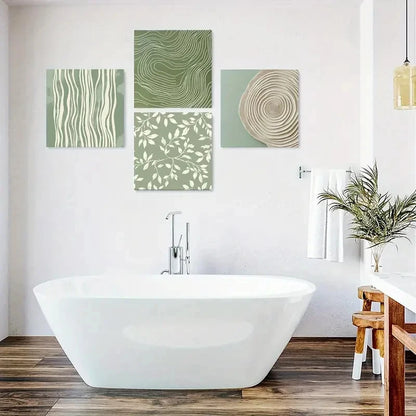 4pcs Green & White Geometric & Floral Designs Wall Art Canvas Framed