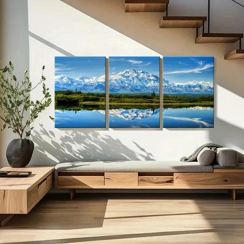 3pcs Snow Mountains Grassland & River Wall Art Set Canvas Framed 40x60cm - High Quality Print 100% Australian Made Wall Canvas Ready to Hang