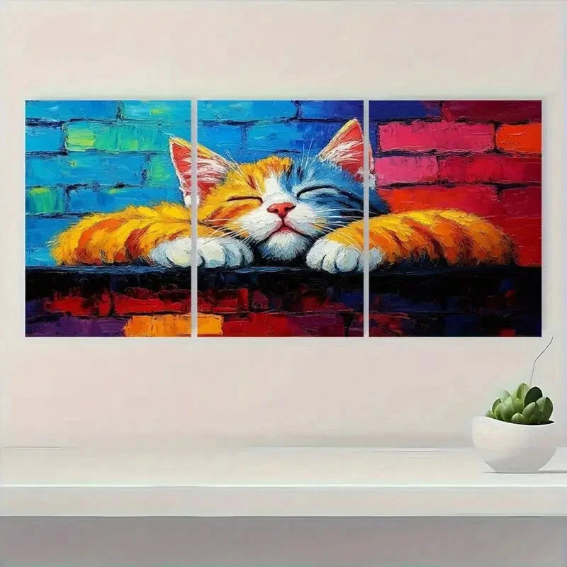 3pcs Sleeping Cat Vibrant Modern Design Metal Print Ready to Hang Art