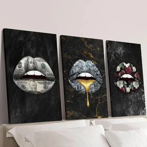 3pcs Money Golden Colorful Bouquet Lips Wall Art Canvas Unframed – High Quality Print 100% Australian Made Wall Canvas