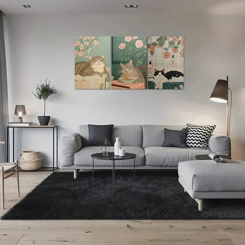 3pcs Cats in Nature Dining and Bath Time Metal Print Ready to Hang Art