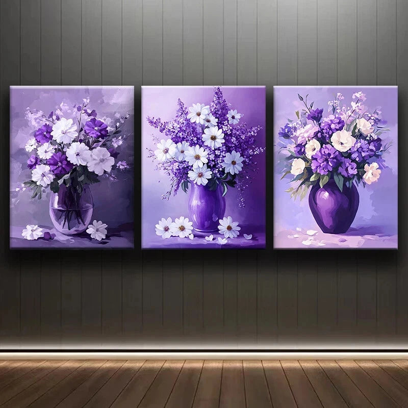 3pcs Purple Flower Vase White Florals Metal Print Ready to Hang Art