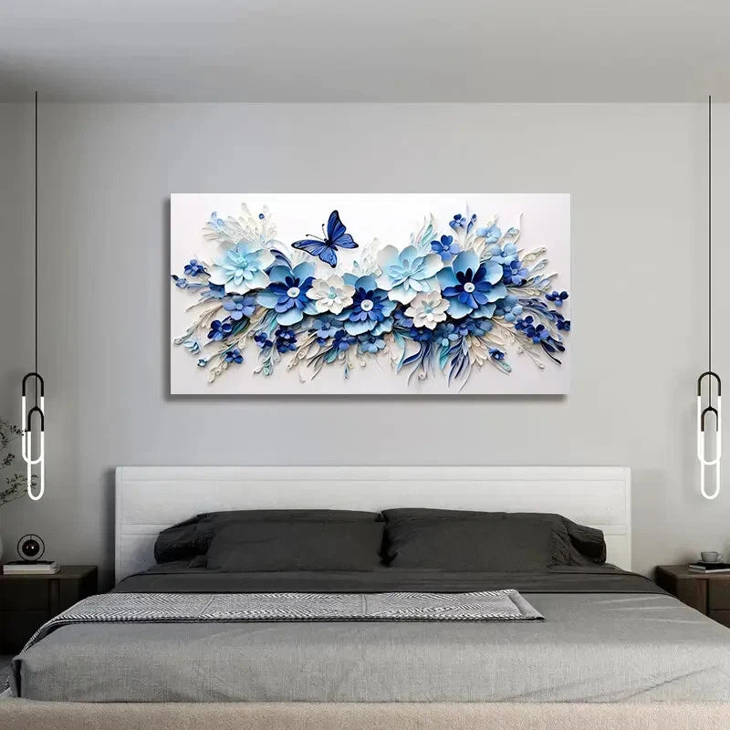 Blue Floral & Butterflies wall canvas office home room framed 120x60cm - Bella Home Decor