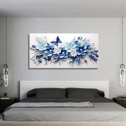 Blue Floral & Butterflies wall canvas office home room framed 120x60cm - Bella Home Decor