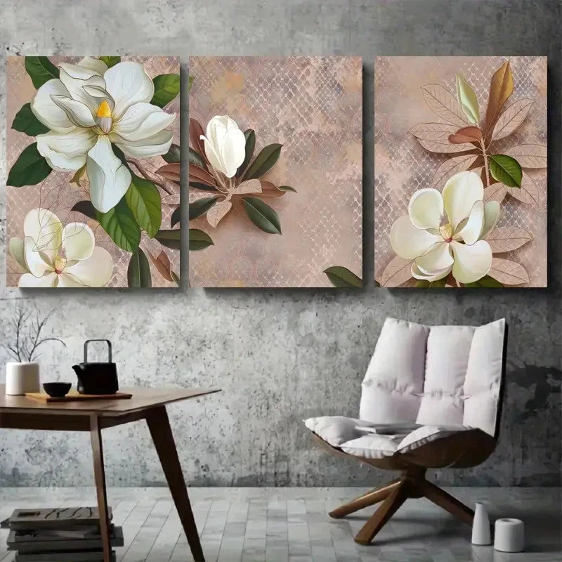 3pcs White Magnolia Botanical Branch Metal Print Ready to Hang Art