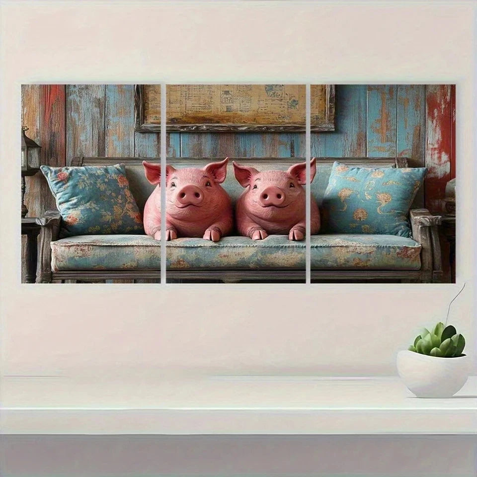 3pcs Vintage Pink Pig Floral Accents Metal Print Ready to Hang Art