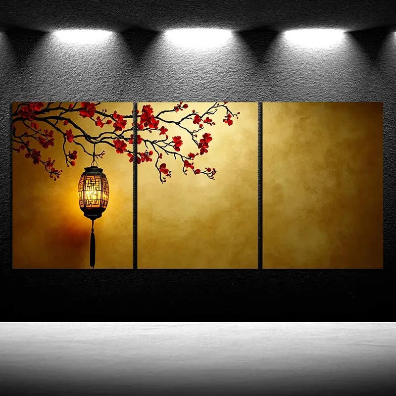 3pcs Plum Blossoms and Lanterns Metal Print Ready to Hang Art