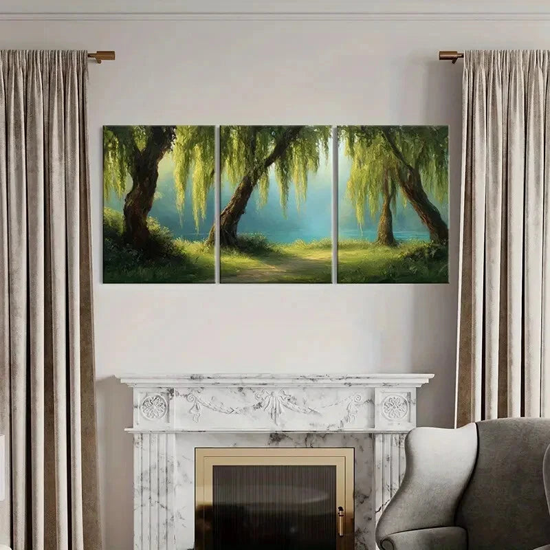 3pcs Artistic Willow Trees Serene Lake View Metal Print Ready to Hang Art