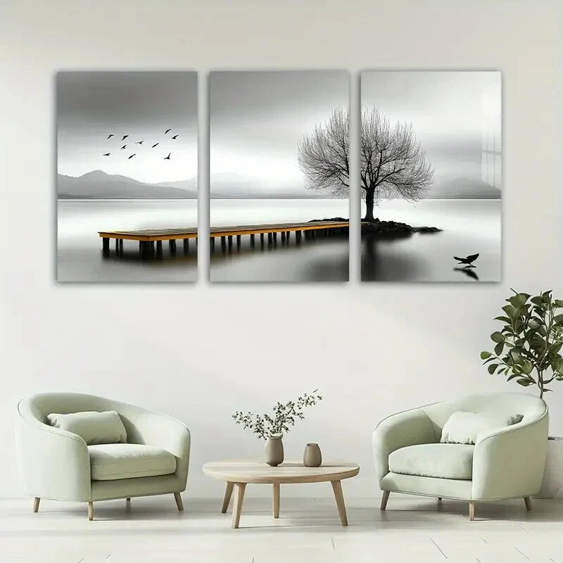 3pcs Seaside Birds and Trees Black & White Metal Print Ready to Hang Art