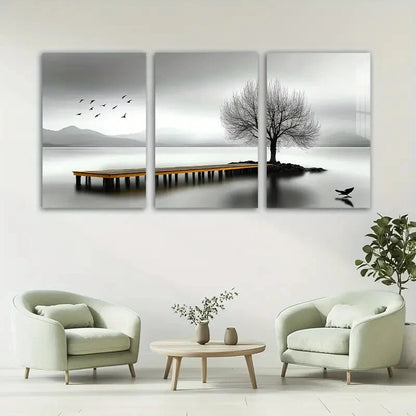 3pcs Seaside Birds and Trees Black & White Metal Print Ready to Hang Art