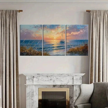 3pcs Golden Hour Sky Calm Sea and Wildflowers Wall Art Set Canvas Framed 40x60cm - High Quality Print 100% Australian Made Wall Canvas Ready to Hang