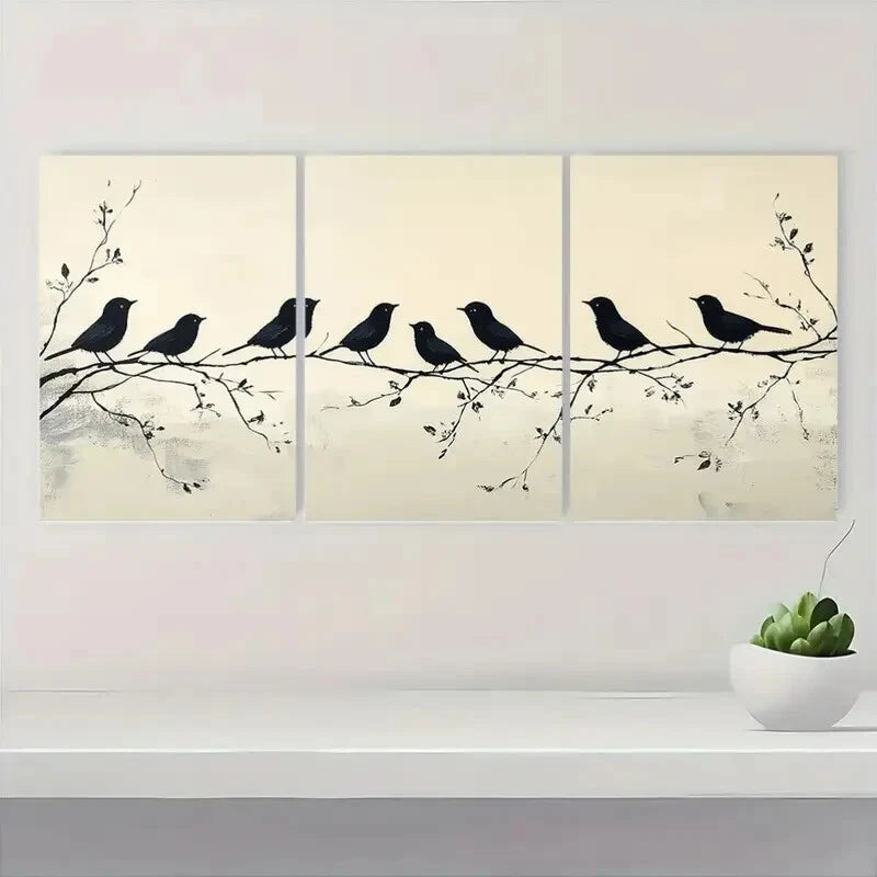 3pcs Black Birds on Branch Minimalist Metal Print Ready to Hang Art