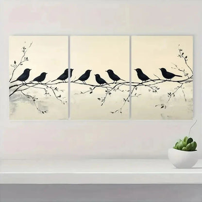 3pcs Black Birds on Branch Minimalist Metal Print Ready to Hang Art