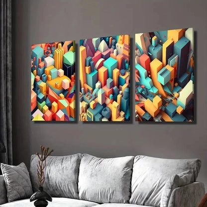 3pcs Mosaic Color Geometric City Top Cubic Wall Art Set Canvas Framed 40x60cm - High Quality Print 100% Australian Made Wall Canvas Ready to Hang